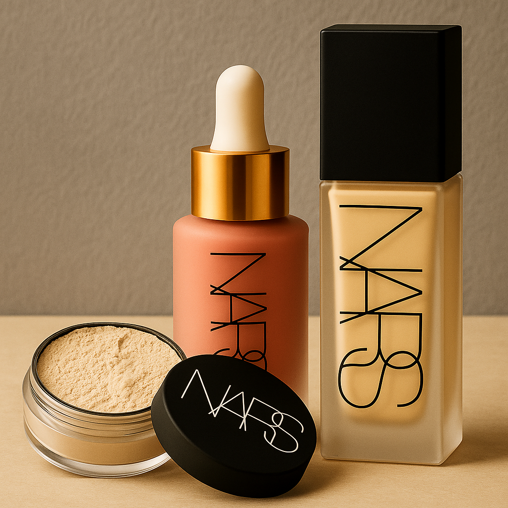 NARS Flawless Glow Makeup Bundle – Foundation, Loose Powder & Liquid Blush (4 Shades)