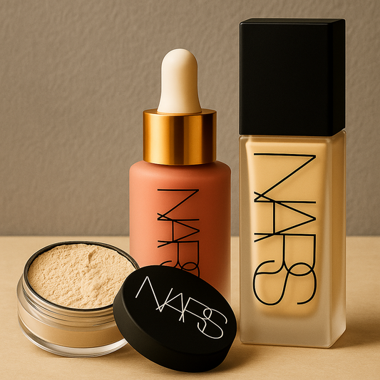 NARS Flawless Glow Makeup Bundle – Foundation, Loose Powder & Liquid Blush (4 Shades)